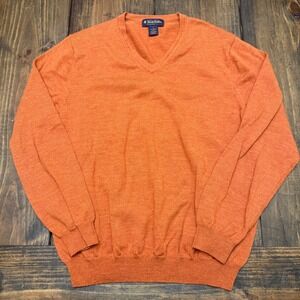 Brooks Brothers Mens Orange Merino Wool Blend V-Neck Sweater Large Fine Knit